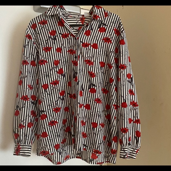 Womens Red Flower Blouse/Long Sleeve/Collar - Picture 1 of 5
